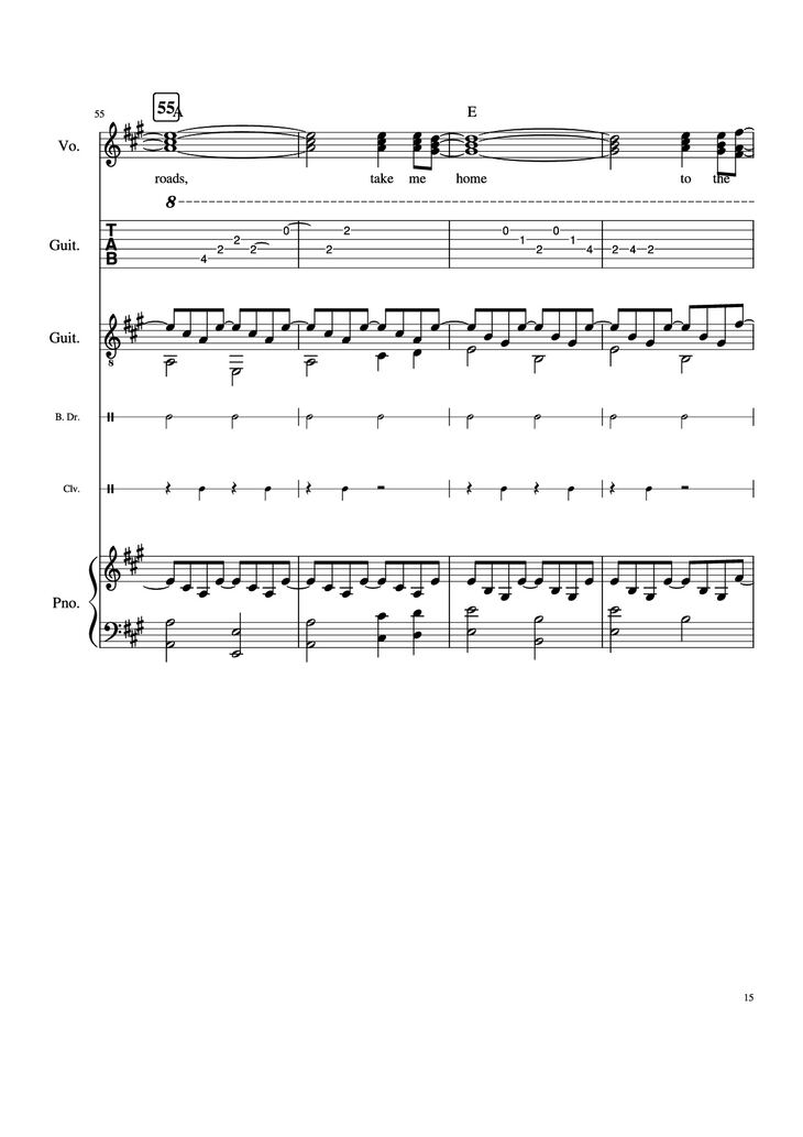 Page 15 of the piano sheet music PDF Piano Guitar Tab - Take Me Home, Country Roads Piano by John Denver, Bill Danoff, et al