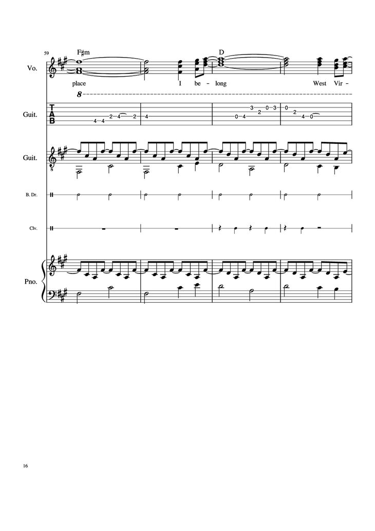 Page 16 of the piano sheet music PDF Piano Guitar Tab - Take Me Home, Country Roads Piano by John Denver, Bill Danoff, et al