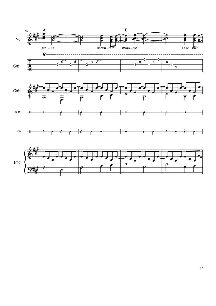 Page 17 of the piano sheet music PDF Piano Guitar Tab - Take Me Home, Country Roads Piano by John Denver, Bill Danoff, et al