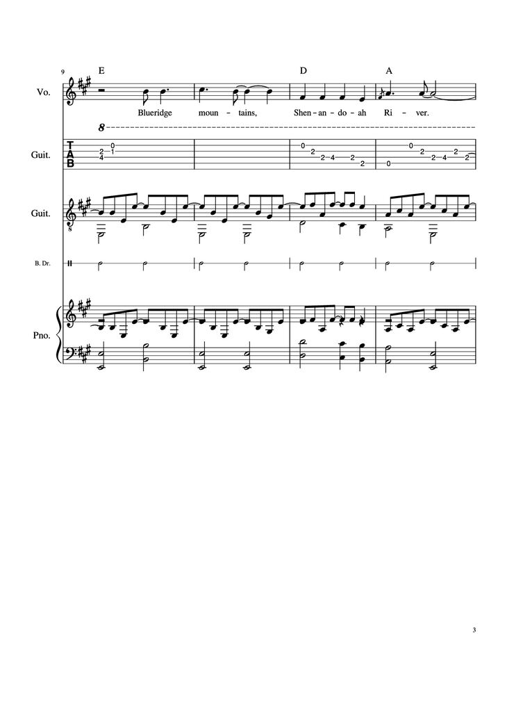 Page 3 of the piano sheet music PDF Piano Guitar Tab - Take Me Home, Country Roads Piano by John Denver, Bill Danoff, et al