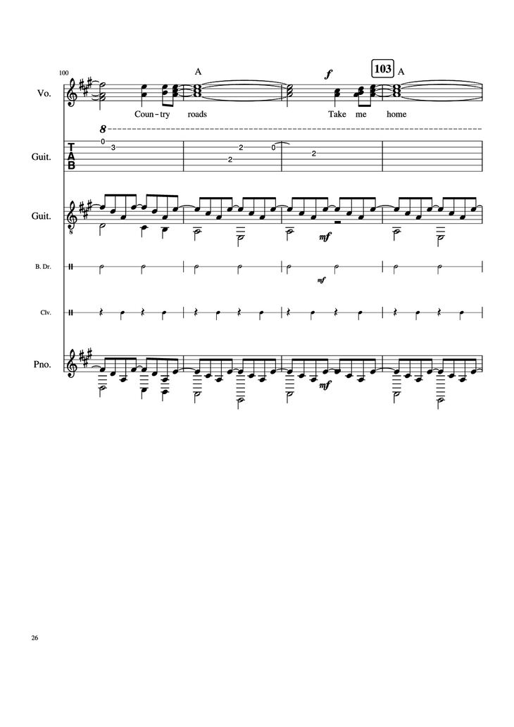 Page 26 of the piano sheet music PDF Piano Guitar Tab - Take Me Home, Country Roads Piano by John Denver, Bill Danoff, et al