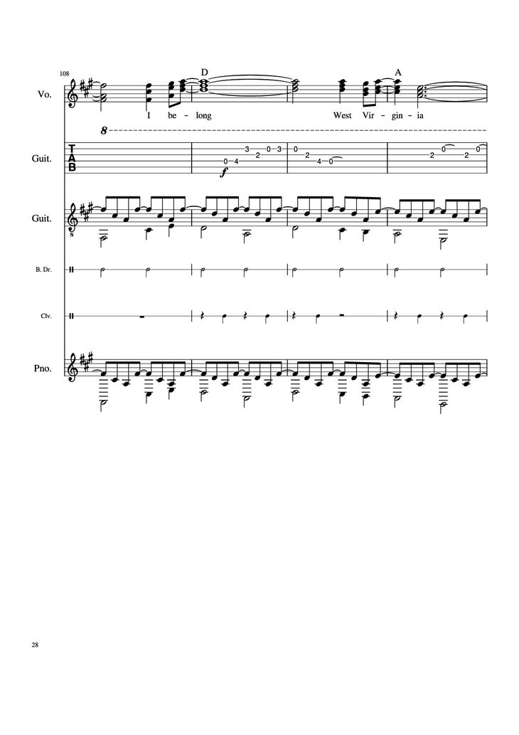 Page 28 of the piano sheet music PDF Piano Guitar Tab - Take Me Home, Country Roads Piano by John Denver, Bill Danoff, et al