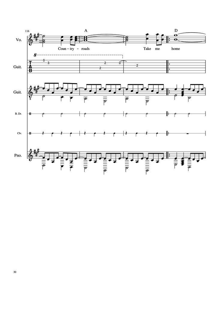 Page 30 of the piano sheet music PDF Piano Guitar Tab - Take Me Home, Country Roads Piano by John Denver, Bill Danoff, et al