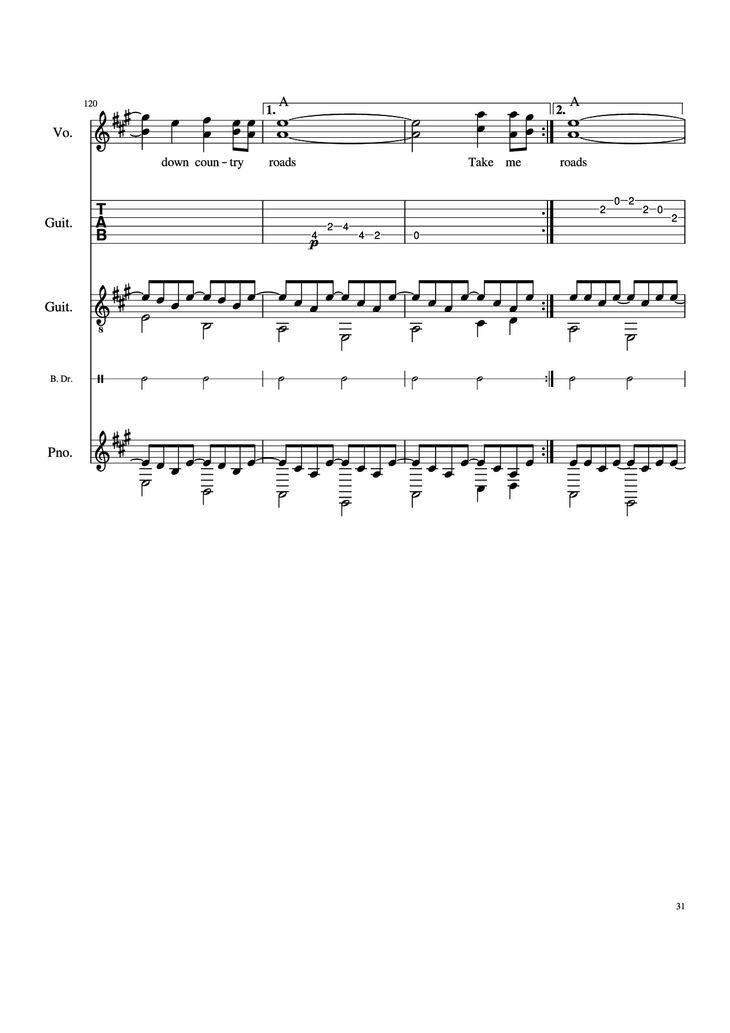 Page 31 of the piano sheet music PDF Piano Guitar Tab - Take Me Home, Country Roads Piano by John Denver, Bill Danoff, et al