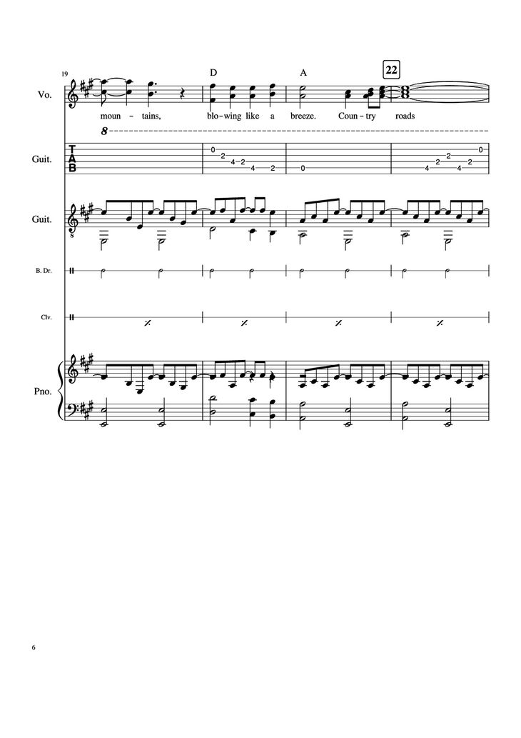 Page 6 of the piano sheet music PDF Piano Guitar Tab - Take Me Home, Country Roads Piano by John Denver, Bill Danoff, et al