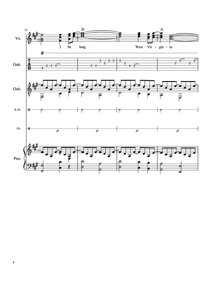 Page 8 of the piano sheet music PDF Piano Guitar Tab - Take Me Home, Country Roads Piano by John Denver, Bill Danoff, et al