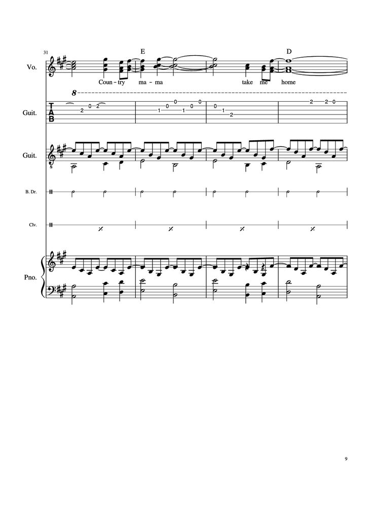 Page 9 of the piano sheet music PDF Piano Guitar Tab - Take Me Home, Country Roads Piano by John Denver, Bill Danoff, et al