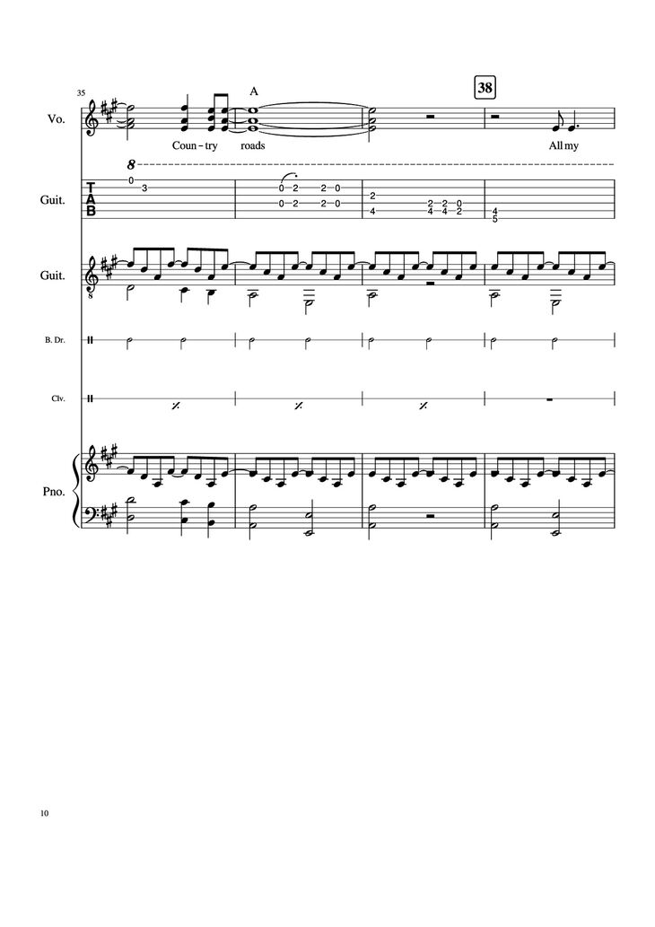 Page 10 of the piano sheet music PDF Piano Guitar Tab - Take Me Home, Country Roads Piano by John Denver, Bill Danoff, et al