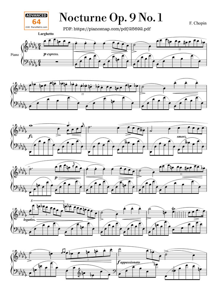 Page 1 of the piano sheet music PDF Piano - Nocturne Op. 9 No. 1 by Chopin