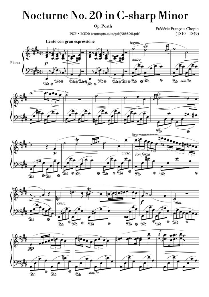 Page 1 of the piano sheet music PDF Piano - Nocturne No. 20 in C-sharp Minor, Op. posth by Frédéric François Chopin