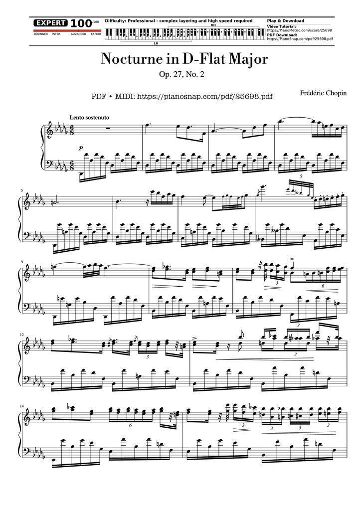 Page 1 of the piano sheet music PDF Piano - Nocturne in D-Flat Major Piano by Frédéric Chopin