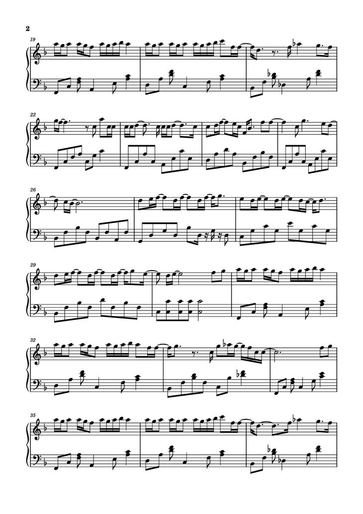 Page 2 of the piano sheet music PDF Piano - 每天在分手 Piano by 演唱/作词 ：张语哝