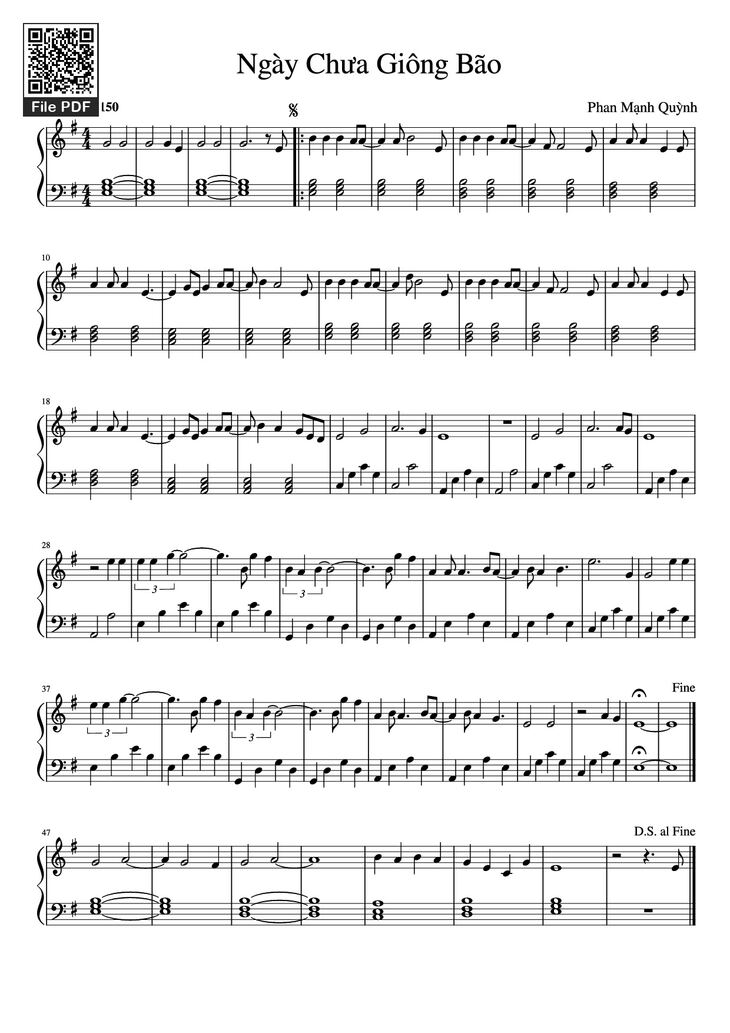 Page 1 of the piano sheet music PDF Piano - Ngày Chưa Giông Bão Piano by Phan Mạnh Quỳnh