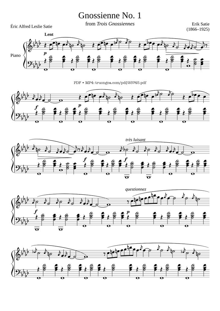 Page 1 of the piano sheet music PDF Piano - Gnossienne No. 1 by Erik Satie