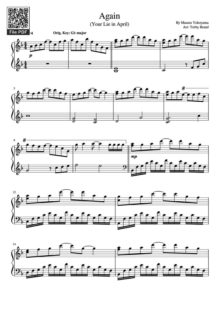 Page 1 of the piano sheet music PDF Piano - Again (Your lie in April) Piano by Masaru Yokoyama
