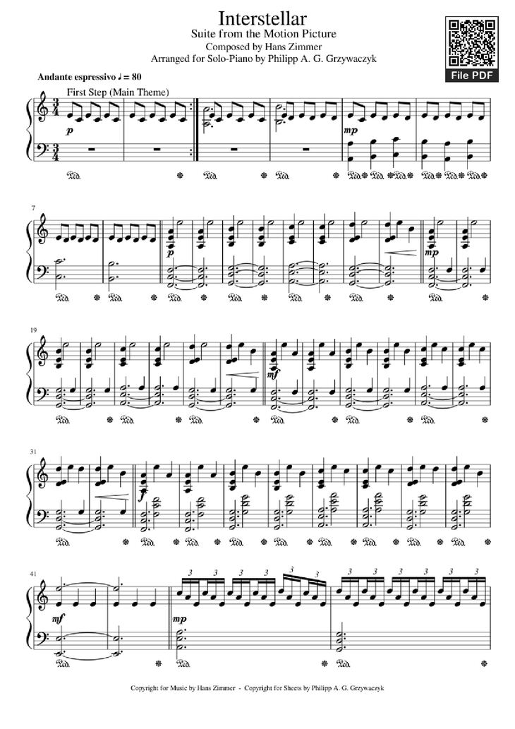 Page 1 of the piano sheet music PDF Piano - Interstellar Piano by Hans Zimmer
