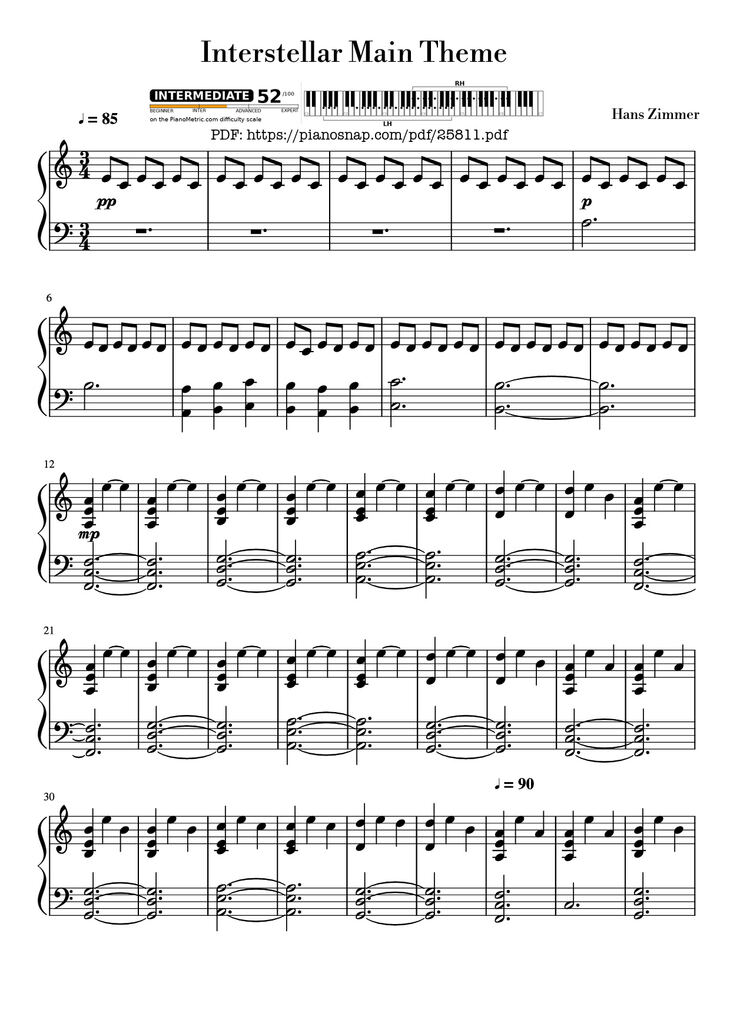 Page 1 of the piano sheet music PDF Piano - Interstellar Main Theme Piano (Easy) by Hans Zimmer