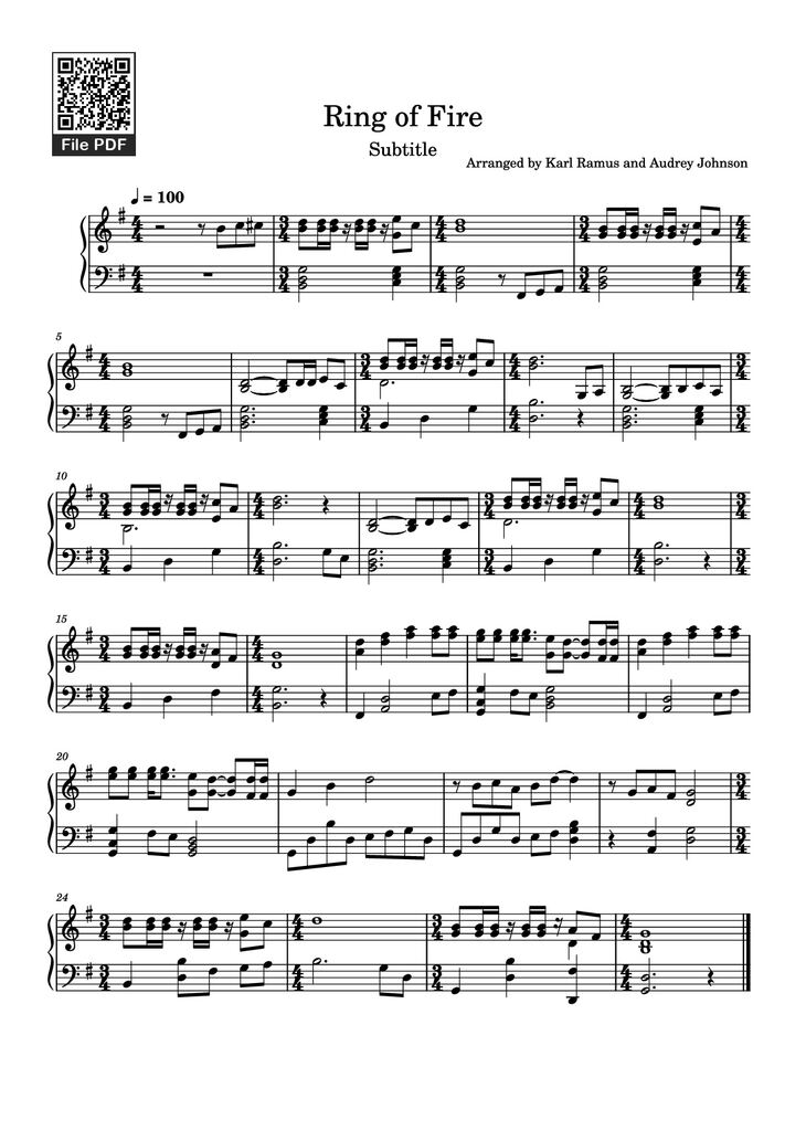 Page 1 of the piano sheet music PDF Piano - Ring of Fire Piano by Arranged by Karl Ramus and Audrey Johnson