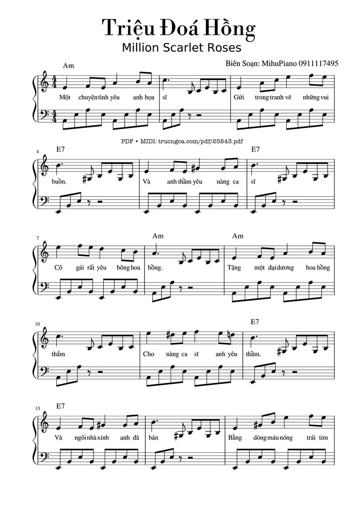 Page 1 of the piano sheet music PDF Piano - Triệu Đoá Hồng Piano by Raimonds Pauls