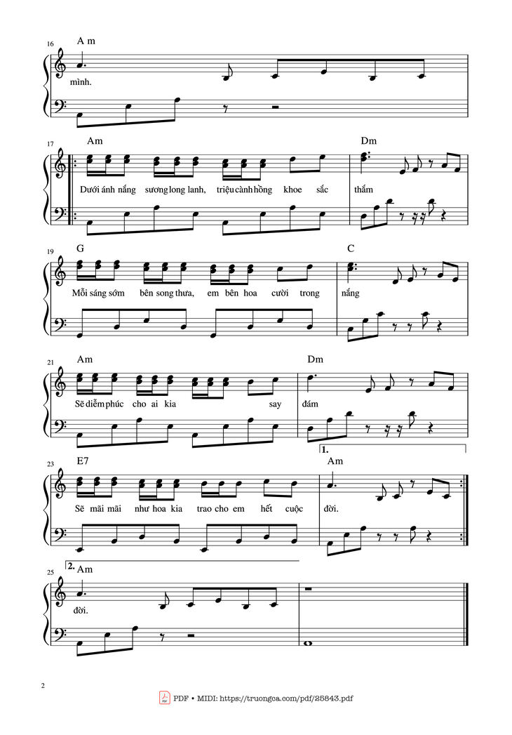 Page 2 of the piano sheet music PDF Piano - Triệu Đoá Hồng Piano by Raimonds Pauls