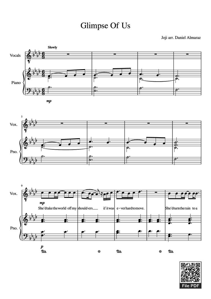 Page 1 of the piano sheet music PDF Piano - Glimpse Of Us Piano by Joji arr. Daniel Almaraz