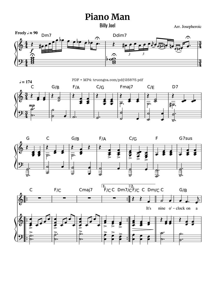 Page 1 of the piano sheet music PDF Piano - Piano Man (Vocal-Piano the original live version) by Arr. Josepheroic