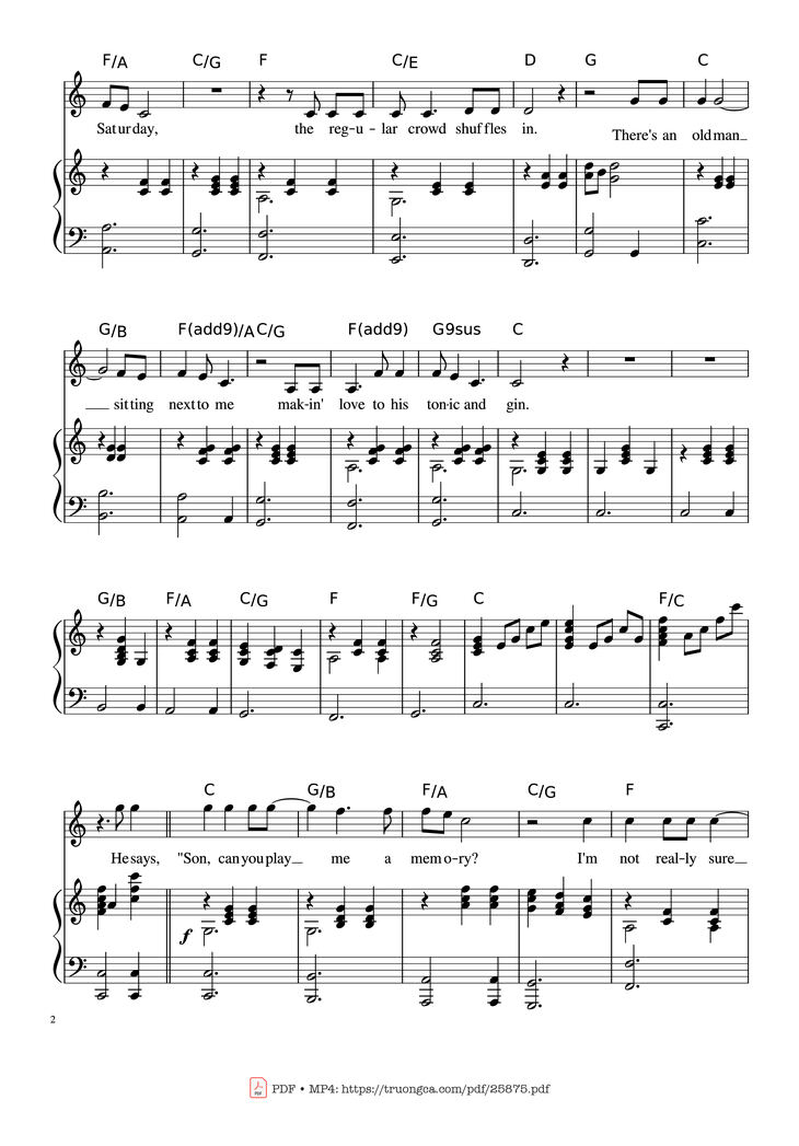 Page 2 of the piano sheet music PDF Piano - Piano Man (Vocal-Piano the original live version) by Arr. Josepheroic