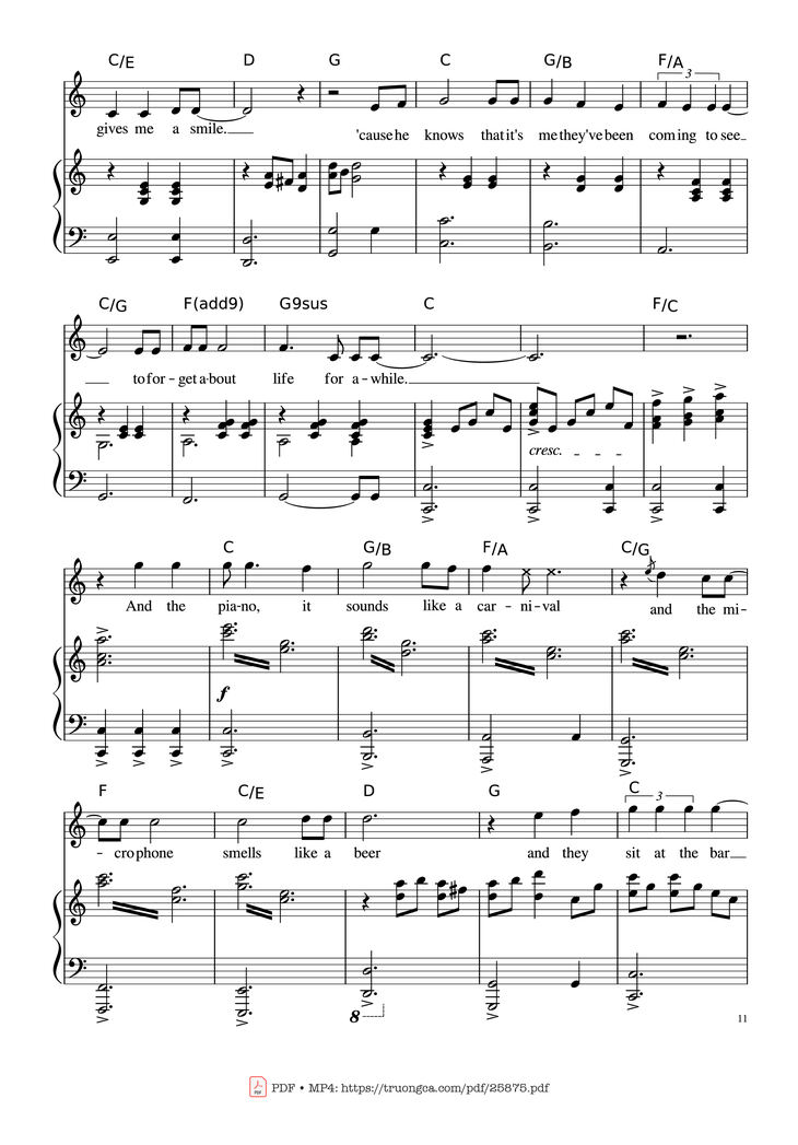 Page 11 of the piano sheet music PDF Piano - Piano Man (Vocal-Piano the original live version) by Arr. Josepheroic