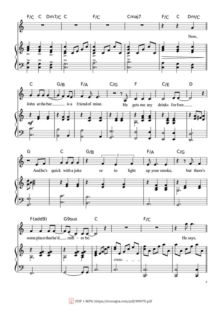 Page 5 of the piano sheet music PDF Piano - Piano Man (Vocal-Piano the original live version) by Arr. Josepheroic