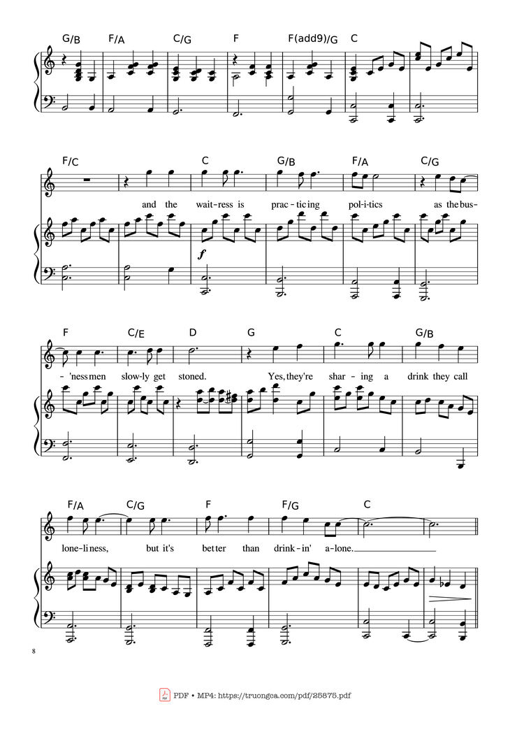 Page 8 of the piano sheet music PDF Piano - Piano Man (Vocal-Piano the original live version) by Arr. Josepheroic