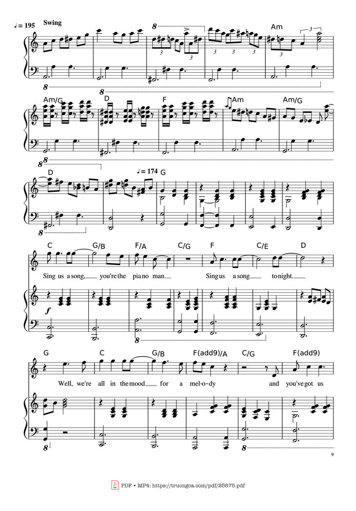 Page 9 of the piano sheet music PDF Piano - Piano Man (Vocal-Piano the original live version) by Arr. Josepheroic