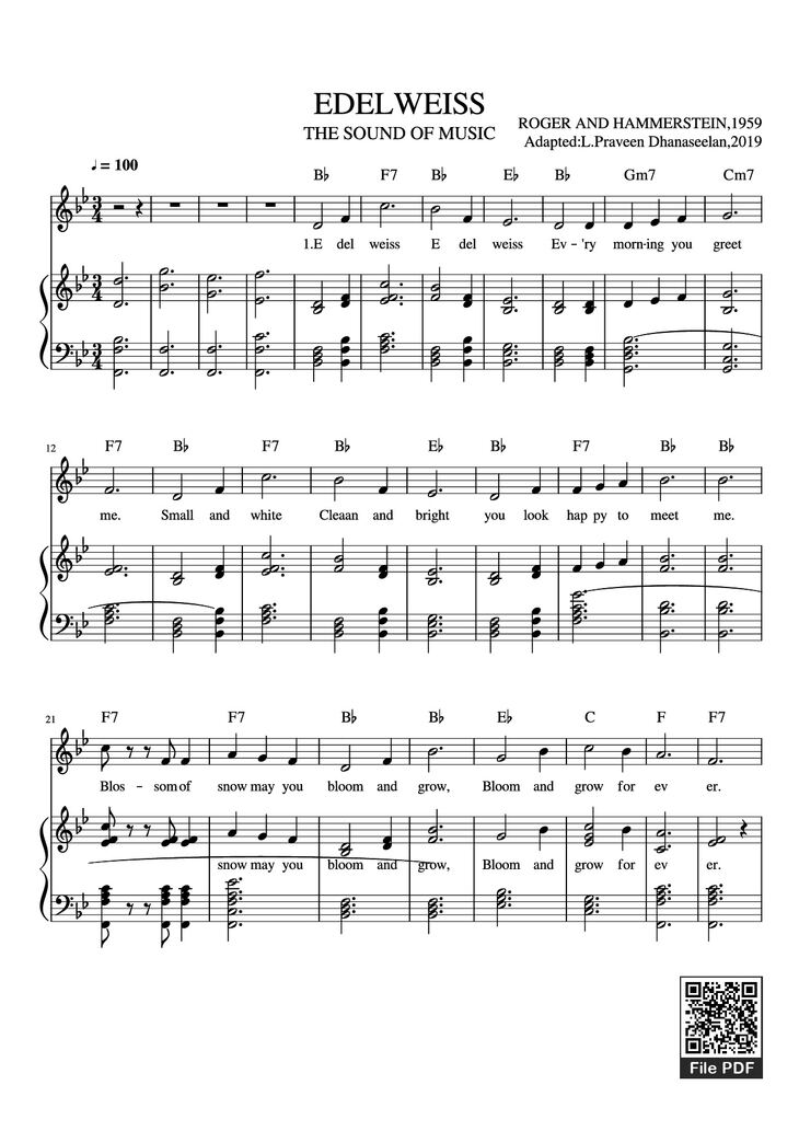 Page 1 of the piano sheet music PDF Piano - EDELWEISS Piano by ROGER AND HAMMERSTEIN,1959 Adapted:L.Praveen Dhanaseelan,2019