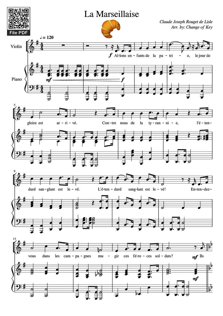 Page 1 of the piano sheet music PDF Piano - La Marseillaise Piano by Claude Joseph Rouget de Lisle