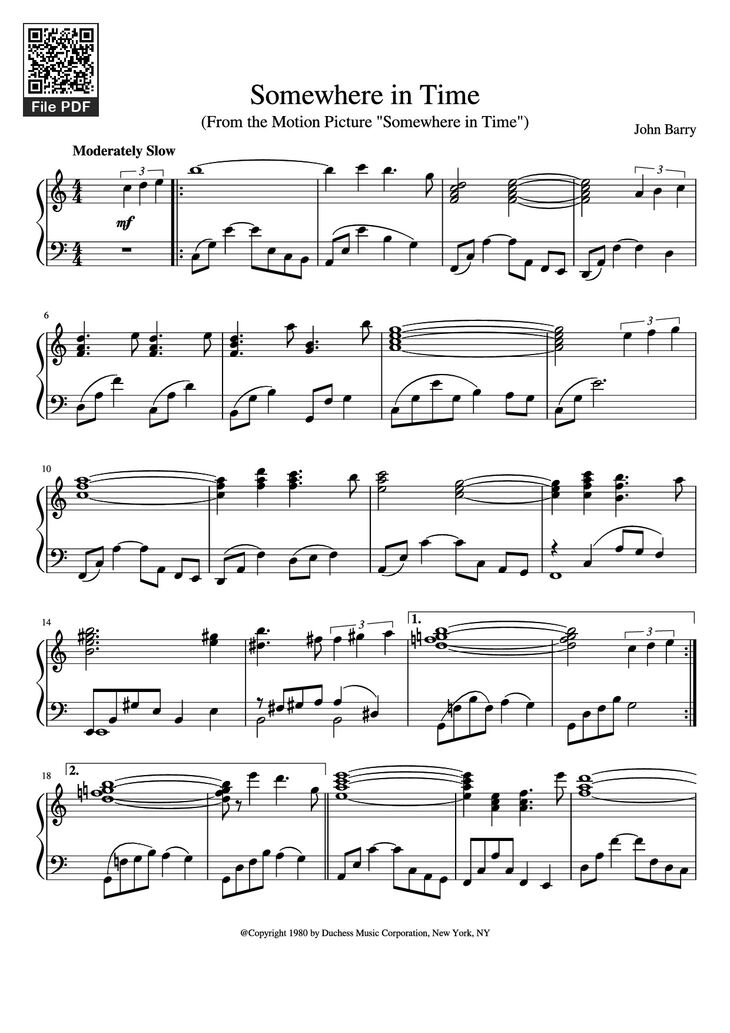 Page 1 of the piano sheet music PDF Piano - Somewhere in Time Piano by John Barry