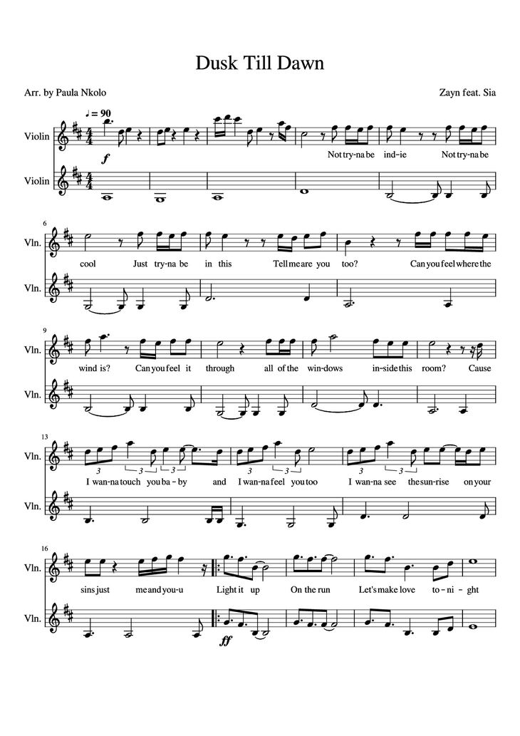 Page 1 of the piano sheet music PDF - Dusk Till Dawn Violin by Zayn feat. Sia