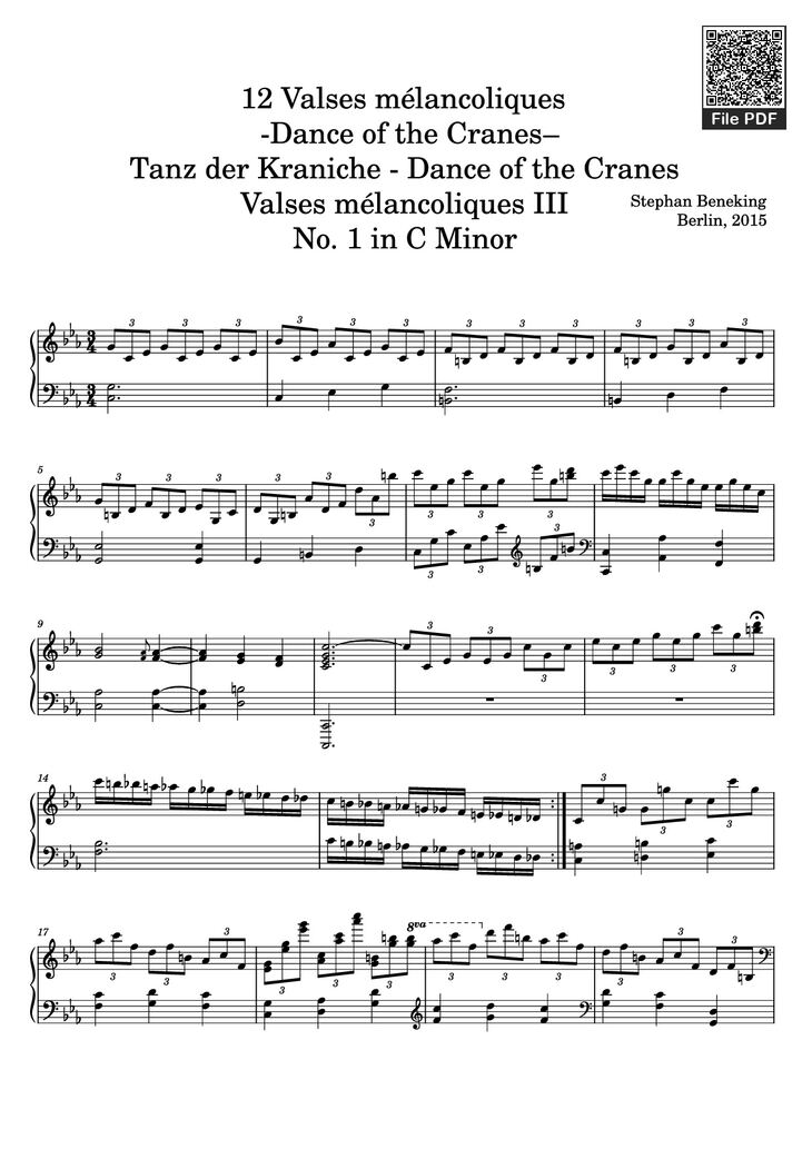 Page 1 of the piano sheet music PDF - 12 Valses mélancoliques III - Dance of the Cranes - No. 1 in C Minor by Stephan Beneking