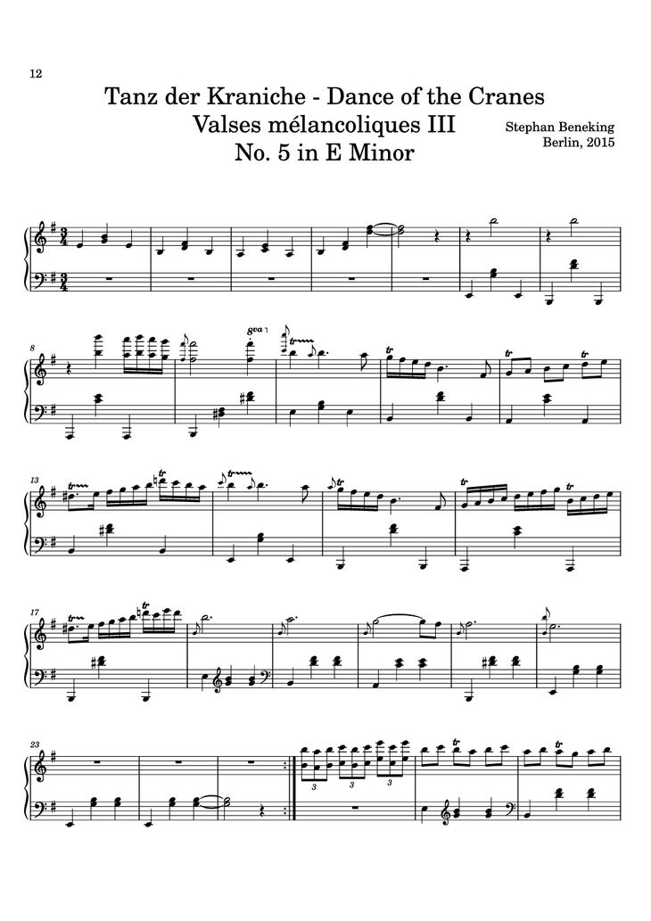 Page 12 of the piano sheet music PDF - 12 Valses mélancoliques III - Dance of the Cranes - No. 1 in C Minor by Stephan Beneking