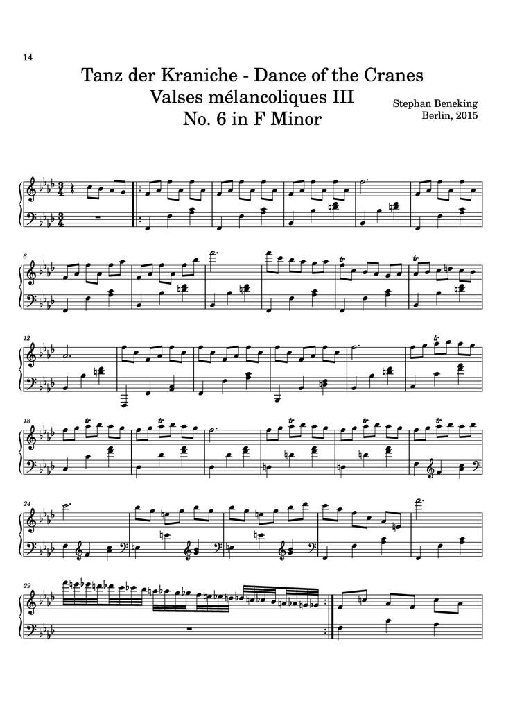 Page 14 of the piano sheet music PDF - 12 Valses mélancoliques III - Dance of the Cranes - No. 1 in C Minor by Stephan Beneking