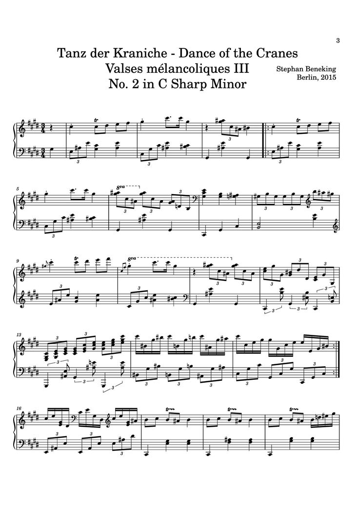 Page 3 of the piano sheet music PDF - 12 Valses mélancoliques III - Dance of the Cranes - No. 1 in C Minor by Stephan Beneking