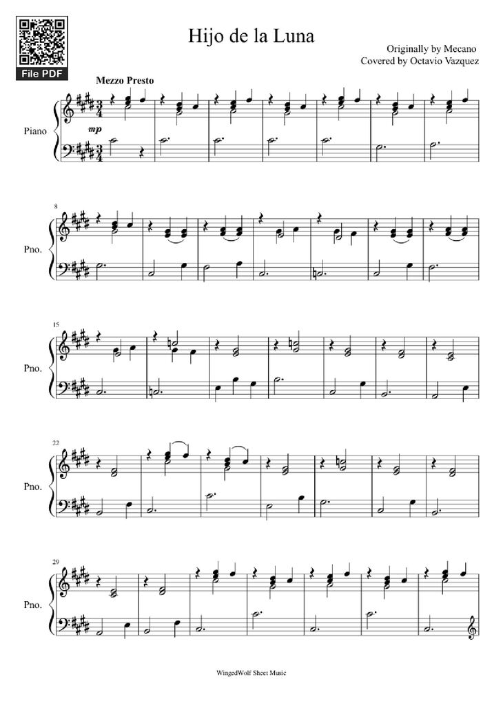 Page 1 of the piano sheet music PDF Piano - Hijo de la Luna Piano by Originally by Mecano Covered by Octavio Vazquez