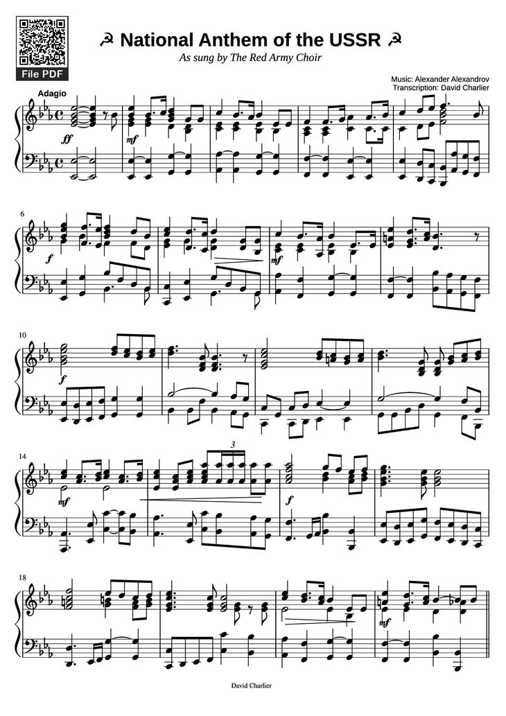 Page 1 of the piano sheet music PDF Piano - ? National Anthem of the USSR ? Piano by Music: Alexander Alexandrov Transcription: David Charlier