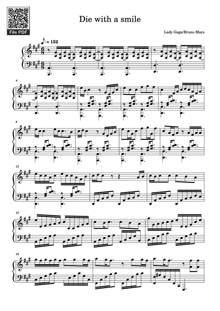 Page 1 of the piano sheet music PDF Piano - Die with a smile Piano by Lady Gaga/Bruno Mars