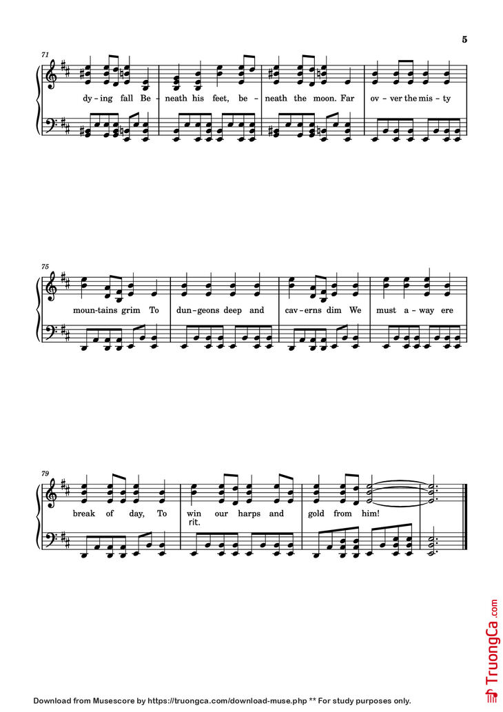 Page 5 of the piano sheet music PDF - Over the Misty Mountains Cold Piano by Music Bee