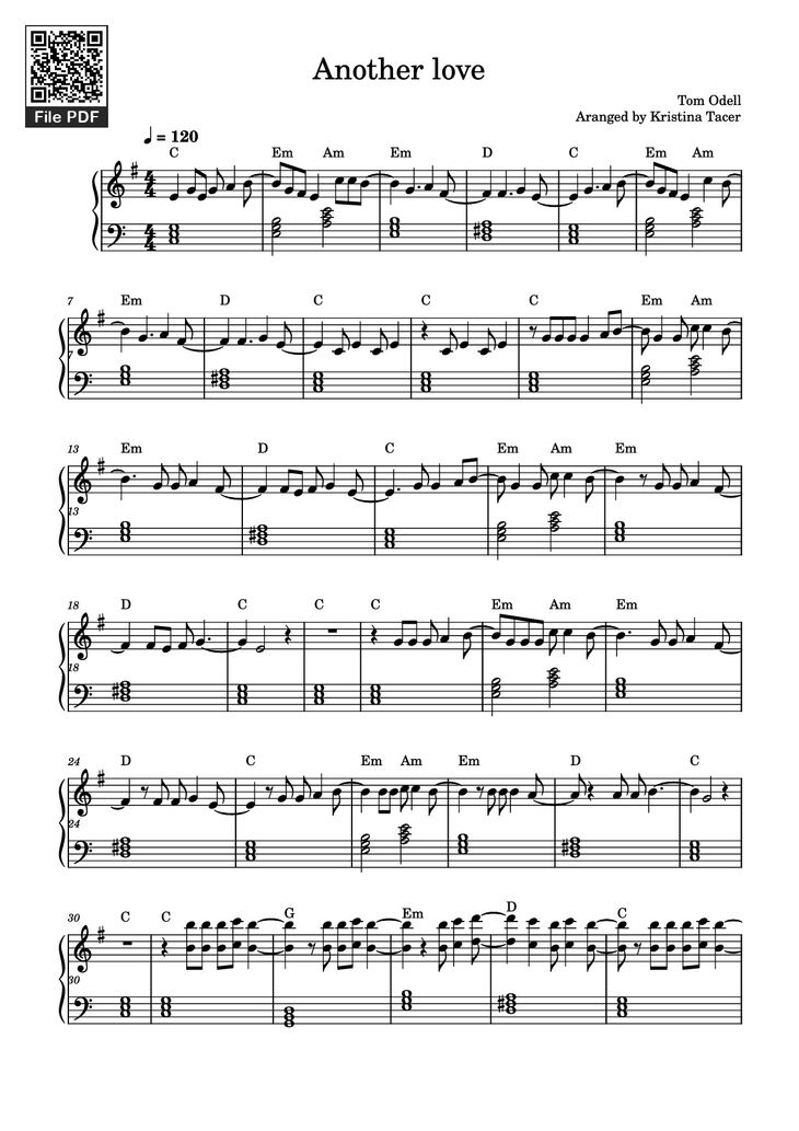 Page 1 of the piano sheet music PDF Piano - Another love Piano by Tom Odell