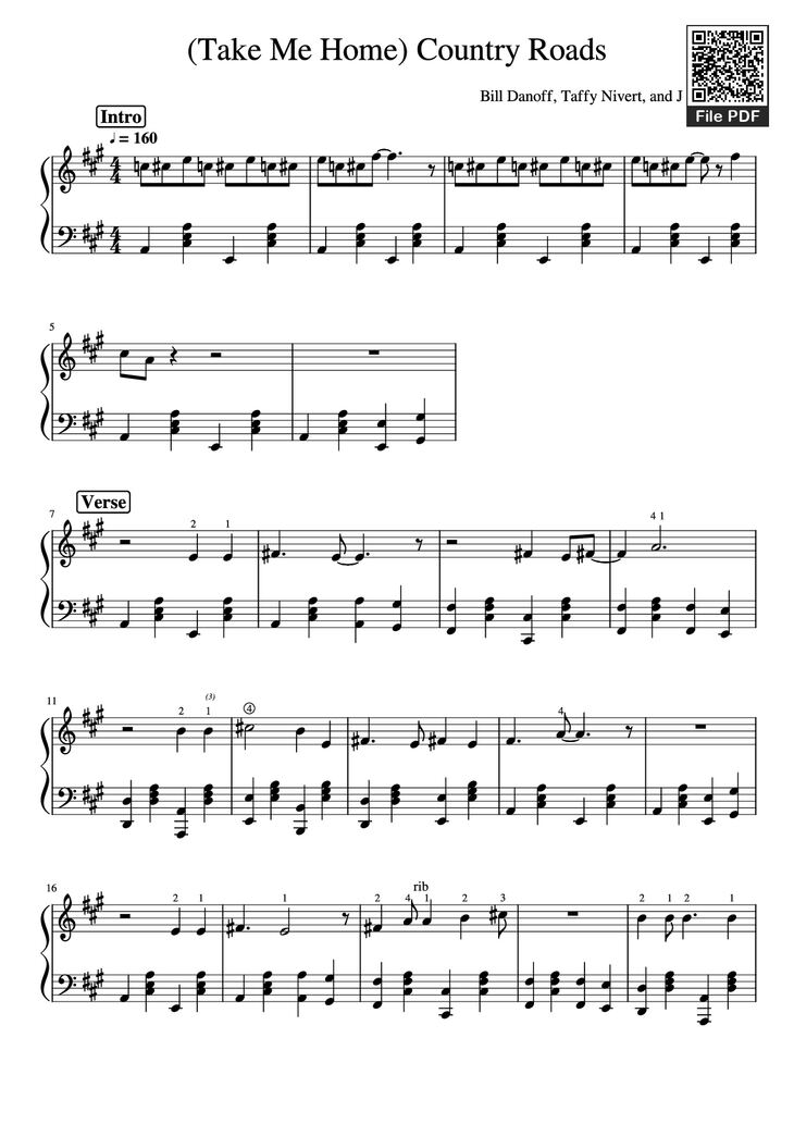 Page 1 of the piano sheet music PDF Piano - Take Me Home, Country Roads Piano by Bill Danoff