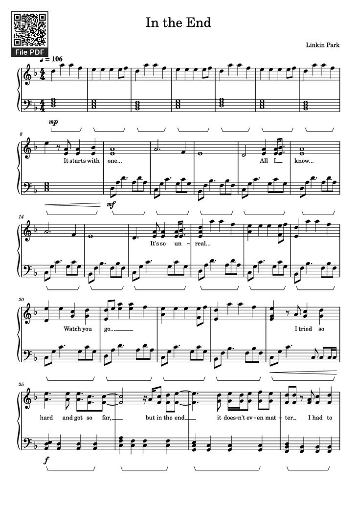 Page 1 of the piano sheet music PDF Piano - In the End Piano by Linkin Park