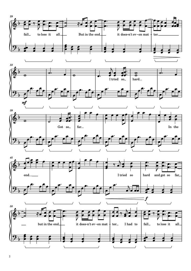 Page 2 of the piano sheet music PDF Piano - In the End Piano by Linkin Park