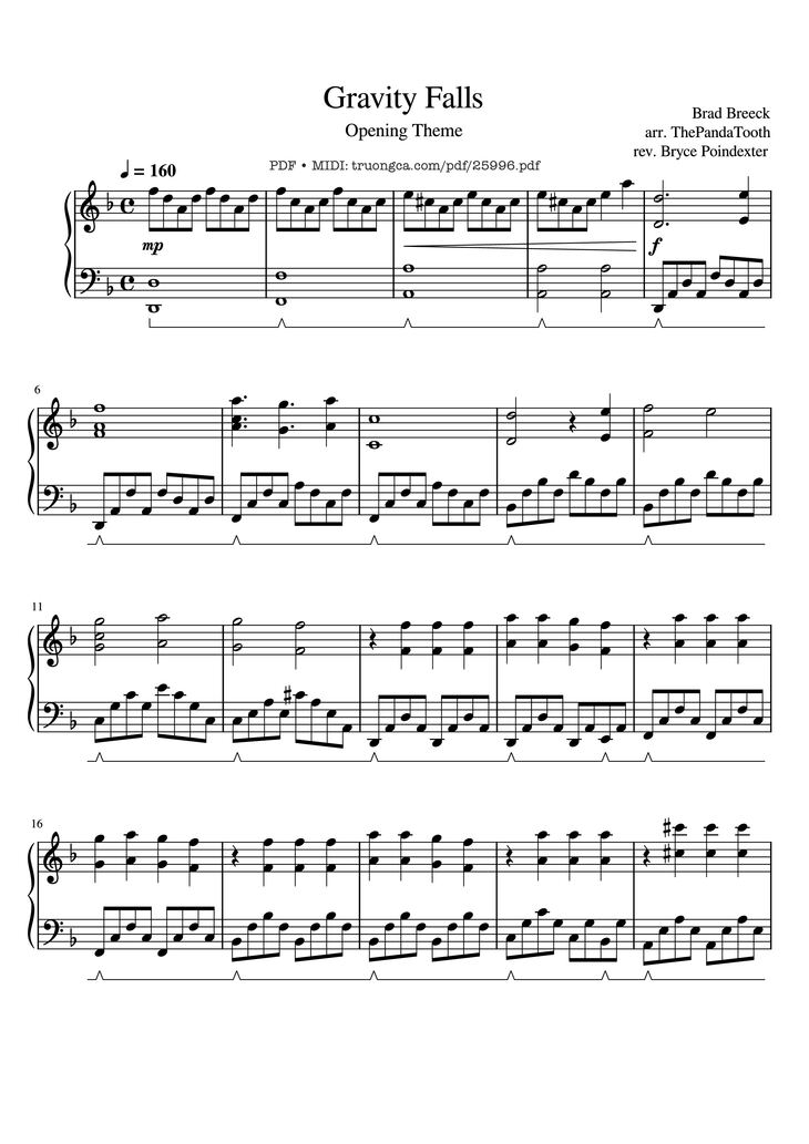 Page 1 of the piano sheet music PDF Piano - Gravity Falls Piano by Brad Breeck