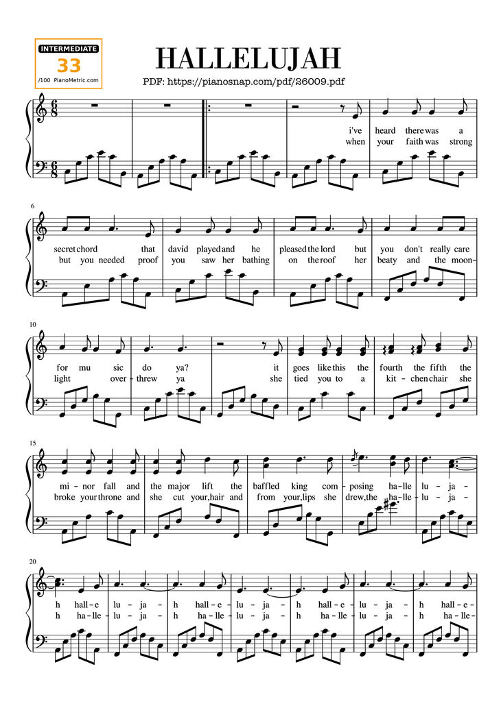 Page 1 of the piano sheet music PDF Piano - Hallelujah Piano by Hymns