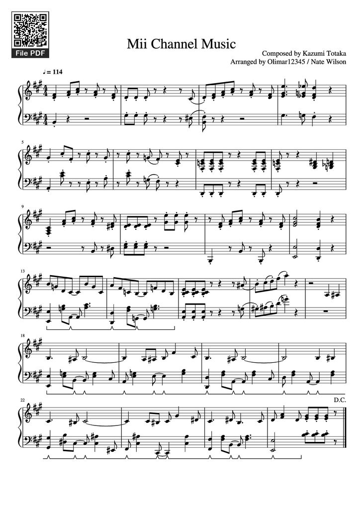 Page 1 of the piano sheet music PDF Piano - Mii Channel Music Piano by Composed by Kazumi Totaka Arranged by Olimar12345 / Nate Wilson